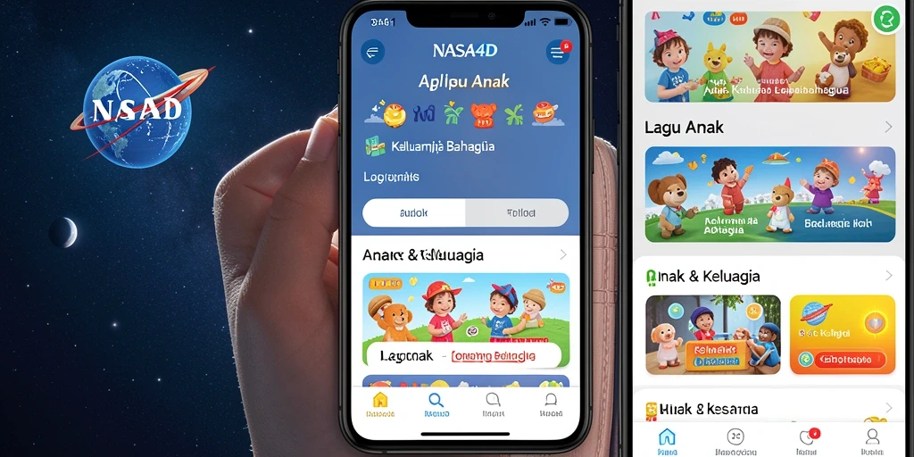 Antarmuka aplikasi NASA4D dengan lagu anak yang menyenangkan.