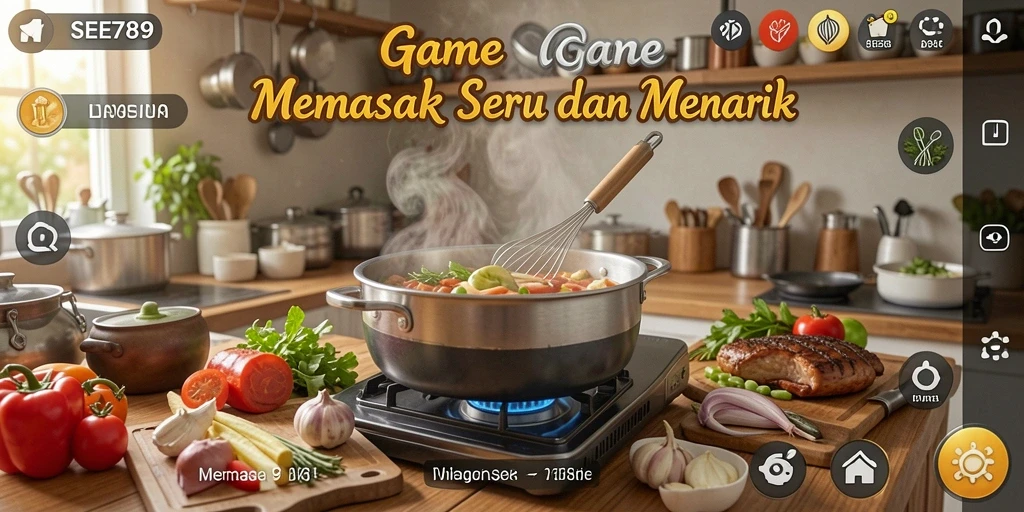 Antarmuka menarik game Memasak dengan berbagai hidangan.